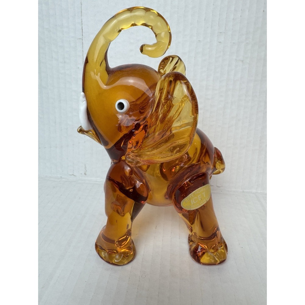 Vintage MURANO ICET Amber Art Glass Elephant With White Tusks & White Eyes-